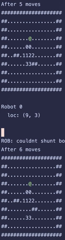 Screenshot of advent of code recursive box shunting edge case that can shunt itself into right into the sea.   Robot is moving down in this example and boxes that shouldn't move are moving.   This was because I used recursion.  I shouldn't use recursion without adult supervision.  [editors note: I cheated my way out of it and saved the state before moving and reset back after]