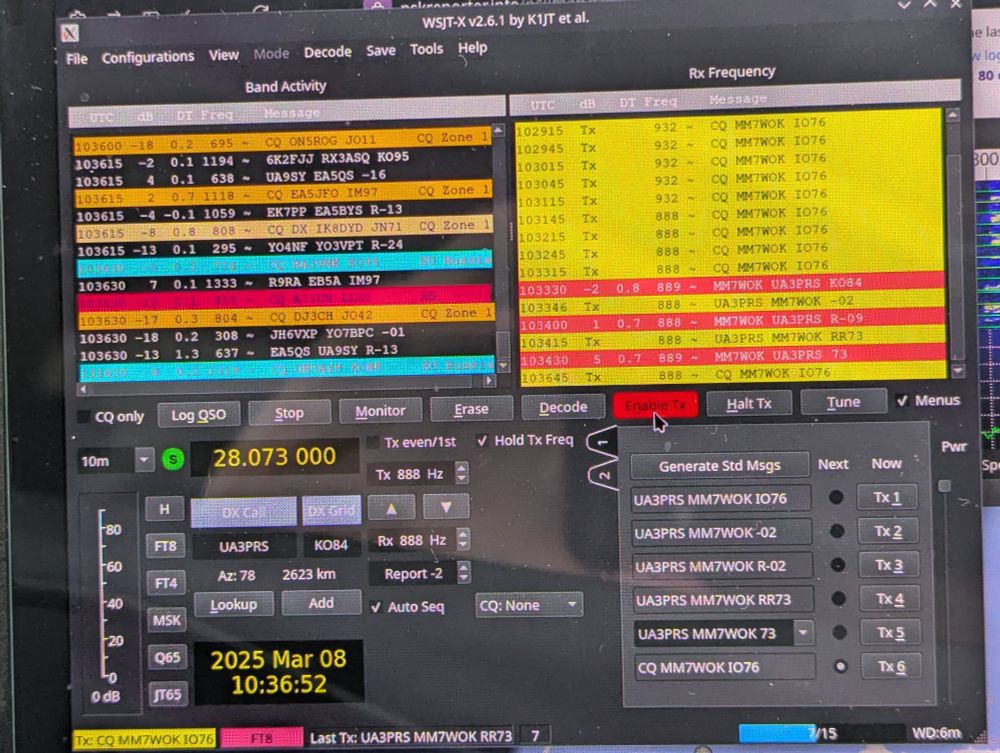 Screenshot of WSJT-X operating on the 10m ham band
