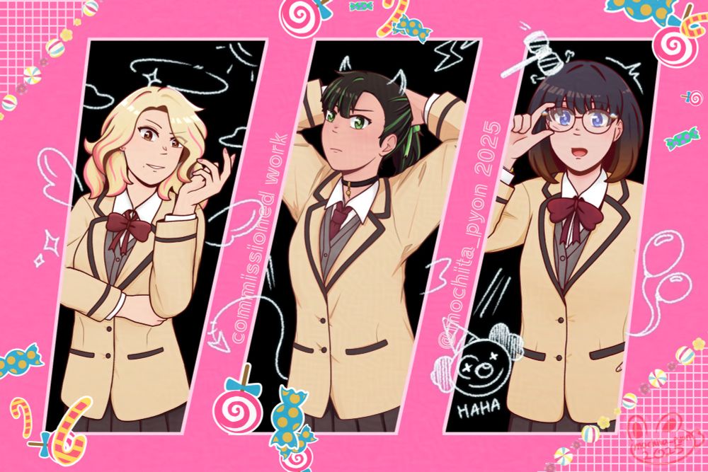 Three characters displayed together in one frame. School girls with different types of personalities. The frame's decorated with candy stickers and doodles representing each of their their character