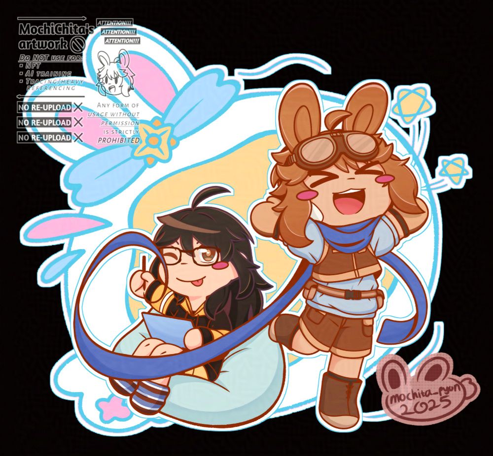 A chibi splash illustration with two characters. On the left is a character with messy dark hair wearing a glasses. She's sitting on a beanbag, blue tablet on her lap, and a pen in her hand. She's gazing to the right.

On the right is a happy looking character with bunny ears and blue-brown colored explorer themed outfit. Her scarf is connected to the tip of a pen the other character is holding.