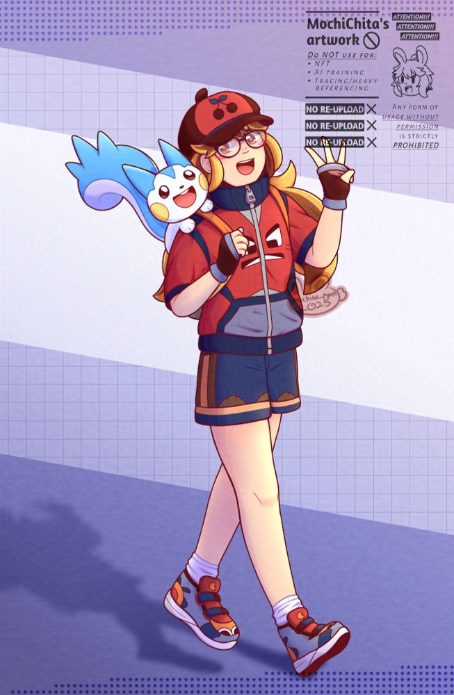 My OC as a pokemon trainer with a pachirisu on her right shoulder. She's walking while talking to her pokemon buddy