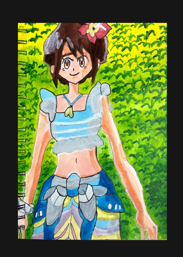Painting of Pokemon trainer Gloria. Gloria has dark brown short hear and is wearing a blue frilly crop top and a blue, lilac and yellow dress with a sort of bow at the top. She has a bangle on her right hand and is wearing a necklace. The background is a green grassy area. 
