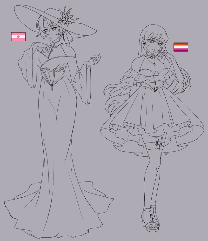 Digital anime style sketch of my OCs Damaris (she/her) and Klotilde (she/her). 
Damaris is a mother in her early 40s, though she looks quite a bit younger than that. She is wearing a wide brimmed hat with flowers and feathers on it, and a floor-length gown. The gown has a mermaid-esque silhouette, off-shoulder flowing sleeves, and a halter panel to cover the cleavage and neck. She's also wearing a decorative corset, and her long hair is held in an updo with a wide ribbon.
Klotilde is a woman in her late 20s (almost 30). She's wearing a remarkably feminine, elegant yet cute dress with off-shoulder frill sleeves, a low cut showing her cleavage, a structured waistband and a 3-layered skirt, the outer layer of which is an open panel to show two layers underneath. It's a bit lower in the back. She's wearing heeled sandals and garters on her t highs, and her long hair hangs loose. She also wears a necklace, a choker and earrings.