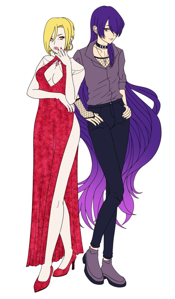 Digital anime-style art of my OCs Yuina (she/her) and Arashi (she/her). Black lines and color on white. Yuina is a woman in her early 40s, wearing a skin-tight red sparkly dress with a remarkably high slit and rhombic chest cutout, as well as shiny heels. She has blonde hair, pink eyes, pink eyeshadow, scarlet nails and pink lips. 
Arashi is a woman in her mid-30s, wearing a greyish purple shirt with the sleeves rolled up, a mesh shirt and single glove on her right hand, dark blue pants and greyish purple booties. She's wearing a choker, necklace, and many ear piercings, all silver. She has two-toned purple hair that reach her ankles, and red eyes.