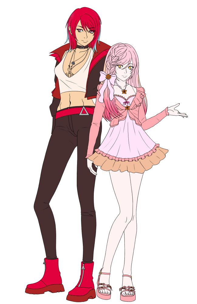 Digital anime style art of my OCs, Johanna (she/her) and Anja (she/her). Black lines and color on white.
Johanna is a tall woman around 30 in a biker-esque getup; a brown and red jacket with a layered collar, a cropped white tank-top with a low neckline that shows the hints of a sternum tattoo, tight brown pants with a belt and red booties. She's wearing a couple necklaces, earrings and a choker. She has red hair with teal tips and similarly colored eyes.
Anya is a shorter woman also around 30, wearing a cute, short pink and peach dress with frills, a wispy pink cardigan with flared hems and sleeves, and pink platform sandals. She wears a necklace, and in her long pink hair she has braided on one side, she wears a pink bow with a flower in the middle. Her eyes are hazel/orange with a hint of green.