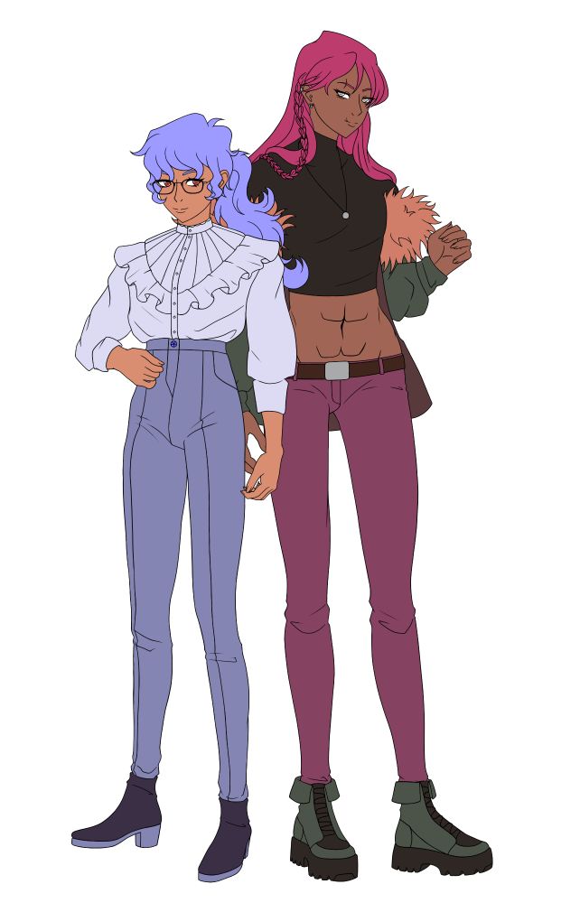 Digital anime-style artwork of my OCs, Peri (they/them) and Zaida (they/them). 
Peri is a 30-year-old nonbinary office worker. They wear an elegant light blue blouse with a high neckline and frills, bunched around their elbows, as well as high-waisted tight blue pants and black booties. On their face, framing a pair of red eyes are a pair of glasses. Their messy, periwinkle hair is pulled into a low pony.
Zaida is a 30-something year old nonbinary fitness model. They wear a tight, cropped black turtleneck with long sleeves, a greenn jacket with brown fur, low-waisted pink pants with a brown belt and green combat boots. They wear a silver necklace around their neck. They have grey eyes, and the skin on their face is market by a couple scars - one on the eyebrow, one on the lip. They have vibrant, pink hair.