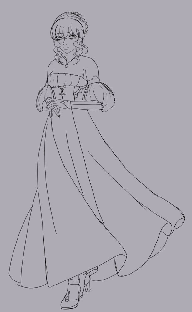 Digital anime style sketch of my OC, Ariane (she/her), black lines on a grey background. She is a slender adult woman with wavy hair pulled into a bun on the back of her head. She's wearing an off-shoulder dress with poofy sleeves and a long, flowy skirt, showing her heeled shoes underneath. She has her hands folded in front of her in an elegant gesture.