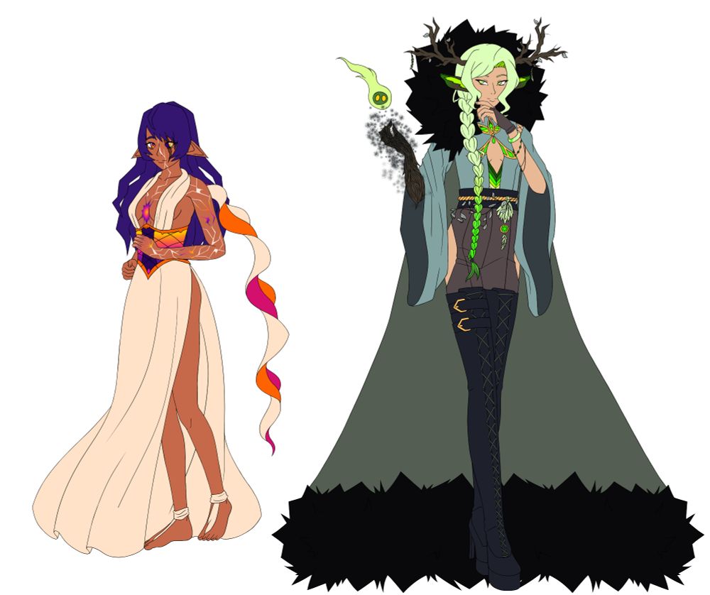Digital anime-style artwork of my OCs Flavia (she/her) and Cassandra (she/her). Black lines & color on white.
Flavia is (was?) a human woman, but due to magical influence she has been turned less human. She wears a white robe with a wispy stretch of fabric going down her back, a corset, and soft wrappings around her feet that don't cover much, leaving her barefoot. Her human ears have turned sharp and droopy, like that of an elf, and a scar over her left eye has left it transformed into something non-human. Lastly, a pulsating orb of energy beats in her chest where her heart should be, veins crawling over her skin, up to her face and down her left arm.
Cassandra is a deity manifested in human form, looking like a human woman save for a right arm made out of bark, elk ears, and her twig-like horns. She wears a tight shirt with billowing sleeves, a cape with thick fur on the shoulders and bottom, tight pants with hip cutouts, and thigh-high platform boots. She has piercing green eyes and hair.