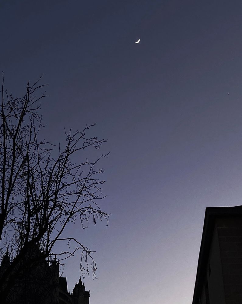 Photo au couchant, du ciel avec un croissant de lune et une planète. Ciel bleu gris foncé.
Au premier plan, à gauche; silhouette d’un arbre dénudé se mêlant à celle du fait d’un bâtiment gothique. A droite la  silhouette d’un morceau de toit de bâtiment du vingtième siècle.