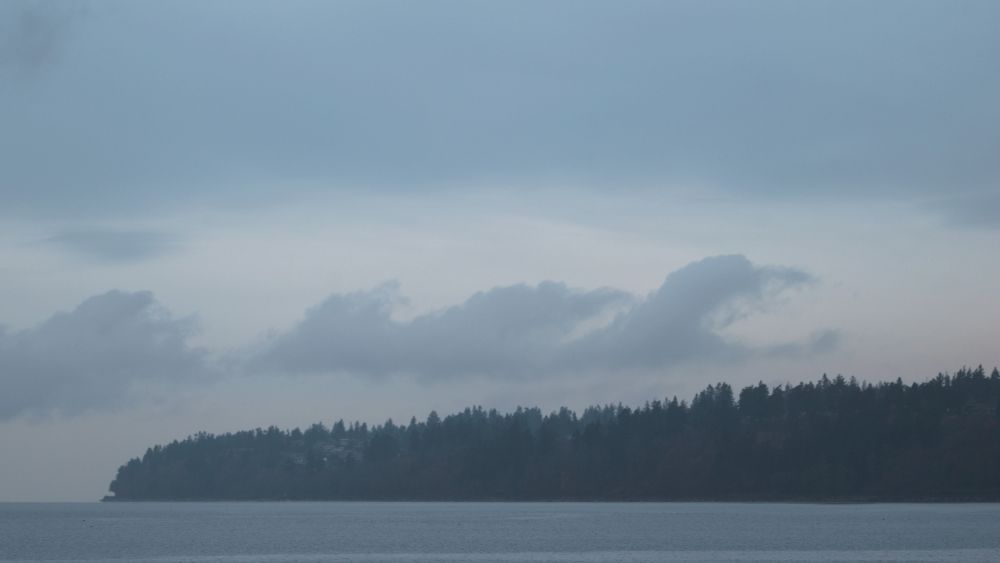 an isolated, low-level puff of cloud, apparently curled by the Kelvin-Helmholtz instability, over an ocean coastline on a grey, misty day.