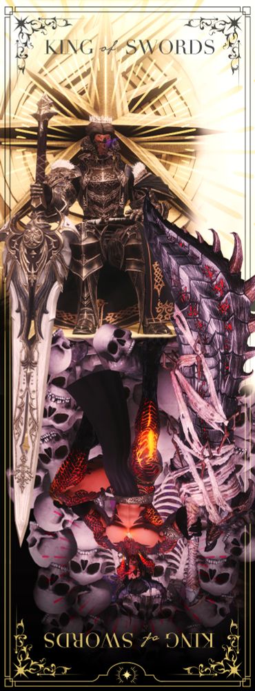 A tarot card featuring Adon and Aeshma. Adon, upright, is featured on the top half of the card. He is adorned in full armor, seated atop a bright throne with a greatsword piercing the ground and into the lower half. Aeshma is in the lower half as reverse, seated on a throne of skulls with a glowing smirk, and his greatsword is piercing into the top half of the image.