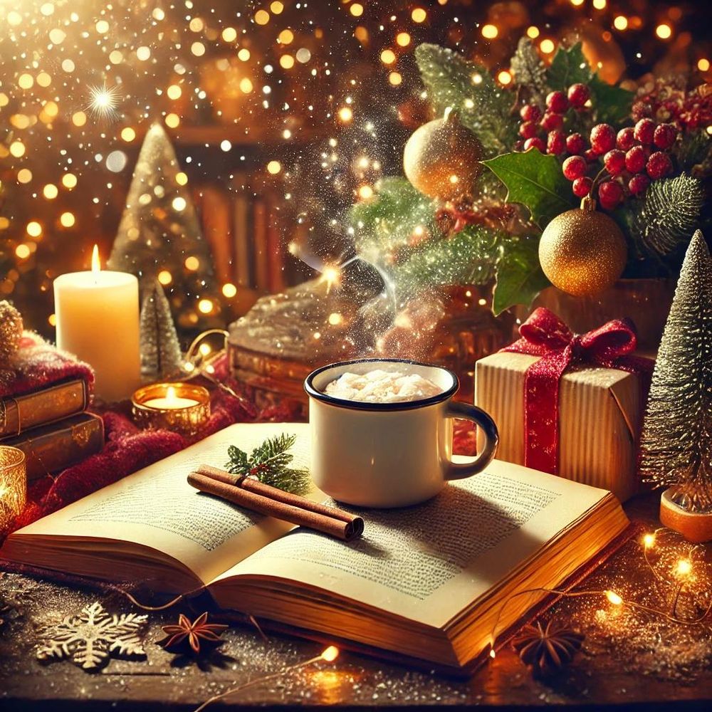 Cozy holiday-themed picture with an open book, a mug of a warm drink, lights, and a candle. 