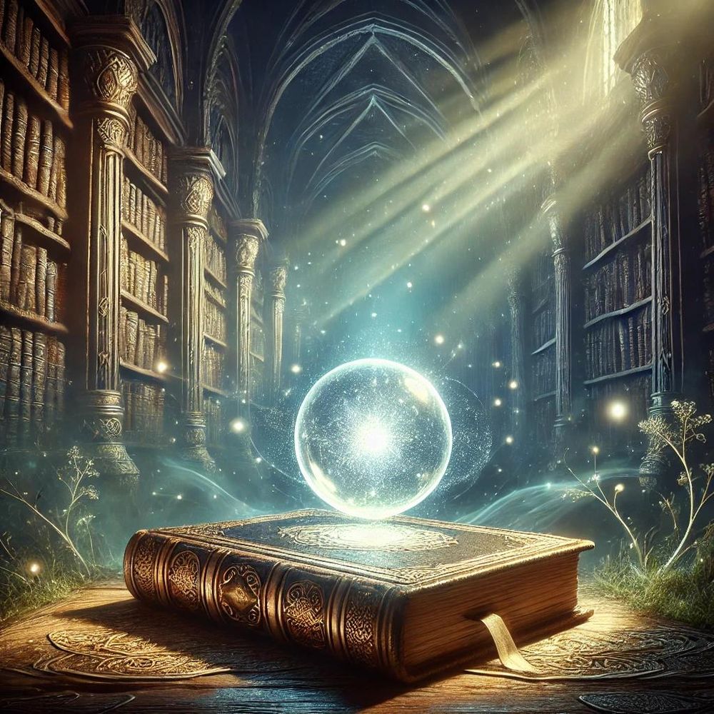 An ancient looking library with an old book front and center. Above it is a floating orb. Sunlight is streaming into the room. 