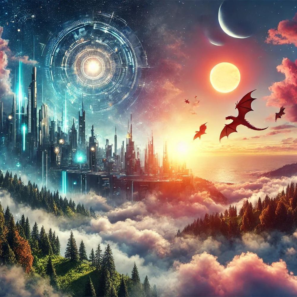 A breathtaking illustration blending sci-fi and fantasy elements. The scene features a mystical floating city in the clouds with glowing futuristic skyscrapers, surrounded by magical forests. Dragons soar gracefully in the sky, illuminated by a dual sunset: one sun appears mechanical, radiating a metallic glow, while the other is natural and warm. The harmonious combination of futuristic and magical aesthetics creates a surreal and enchanting atmosphere.