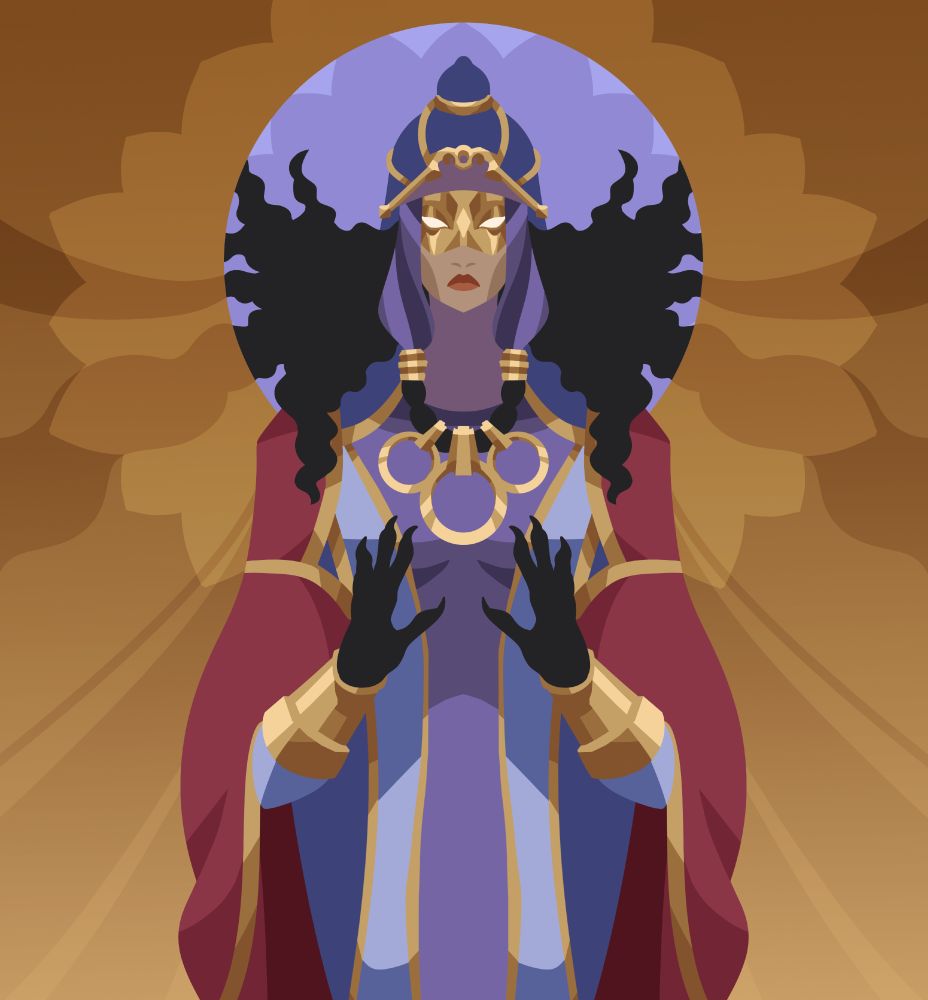 This is a digital illustration. In flat colors, a symmetrical artwork of a woman in a golden half-mask, with dark, curly hair, and a blue coiffe. She is wearing dark, clawed gloves, and lavender and blue robes with golden accents. The lower part of her face suggests focus or disdain. Her hands are put up, as though she was preparing a spell, and her hair frames her face, flying around her, dropping on her shoulders. Her main coat is burgundy, draped over her. The background is brass, dark oranges, suggesting shadows tethered to her, with a floral overlay and lavender circle acting as a halo around her face. Her skin is olive, her cheekbones carved.