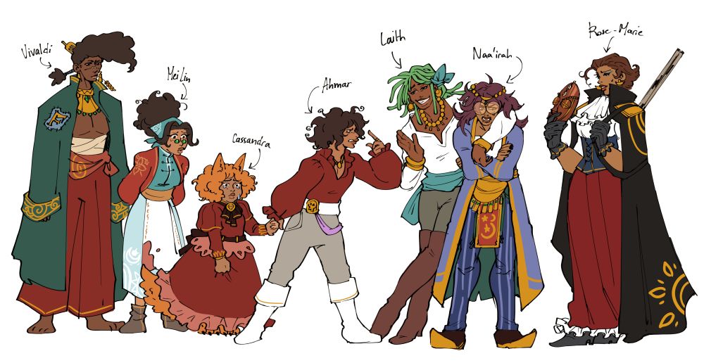 This is a digital illustration. On a white background, seven youthful black characters in colorful, unique clothing. All have names written next to their form with little arrows pointed at them.

From left to right,

The first one is labeled "Vivaldi". An older teenager. He has nappy hair with a comb, a long green open coat with long sleeves, his torso is bear save for bandages around his abdomen, and he sports red pants, as well as gold jewelry. He appears calm, vaguely amused. 

The second one is labeled "Mei-Lin". A teenager. She has a blue bandana, turquoise and red outfits, and a pince-nez, she looks down at a crying kid, a bit worried.

The third one is the crying kid, labeled "Cassandra". No older than six or seven years old. She's gripping her red dress and crying, looking down. She has fox ears and a thick fox tail comes from under her dress. She's holding the hand of an older kid.

The fourth kid is labeled "Ahmar". Around 12 years. He has a red shirt and grey pants, and black boots, and is holding Cassandra's hand. He's pissed and seemingly yelling at an older teenager.

The fifth kid is an older teenager labeled "Laith". He has green locs and a mocking smile, gold jewelry and long boots, as well as a white shirt. He has his arm around the sixth kid, labeled "Naa'irah", while looking at Ahmar, as if gesturing to say that it's fine.

Naa'irah herself has big thick round glasses and looks pissed that Laith is passing his arm around her, arms crossed. She has striped blue pants and a long lavender doublet.

The last person in the lineup is youthful but appears to be the oldest and is labeled "Rose-Marie". She has a rifle at her back, an ascot, a long dark cape, and looks at this lineup with a bit of a bothered expression. She's holding a traditional Senegalese mask in her hand, contrasting with her very french red-skirted dress and blue corset.