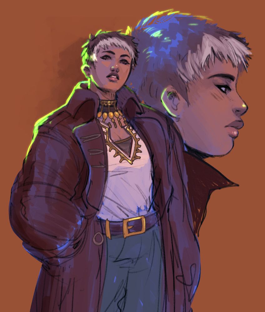 This is a digital illustration. In a loose, painterly style, a woman looks up, wearing an oversized coat, a leather and gold choker as well as a white shirt with golden details. She has olive skin, a pixie cut brown hair with short, and white bangs at the front.
There's a cute profile sketch of her in the background, on the right-hand side of the picture.

Strong green rim lighting comes off the left-hand side of the picture.