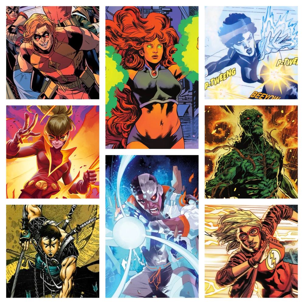 A basic collage featuring comic characters Roy Harper aka Arsenal, Bette Kane aka Flamebird, Ryuku Orsono aka Bushido, Koriand’r aka Starfire, Vic Stone aka Cyborg, Toni Monetti aka Argent, Levi Kamei aka Swamp Thing, and Jesse Chambers aka Jesse Quick