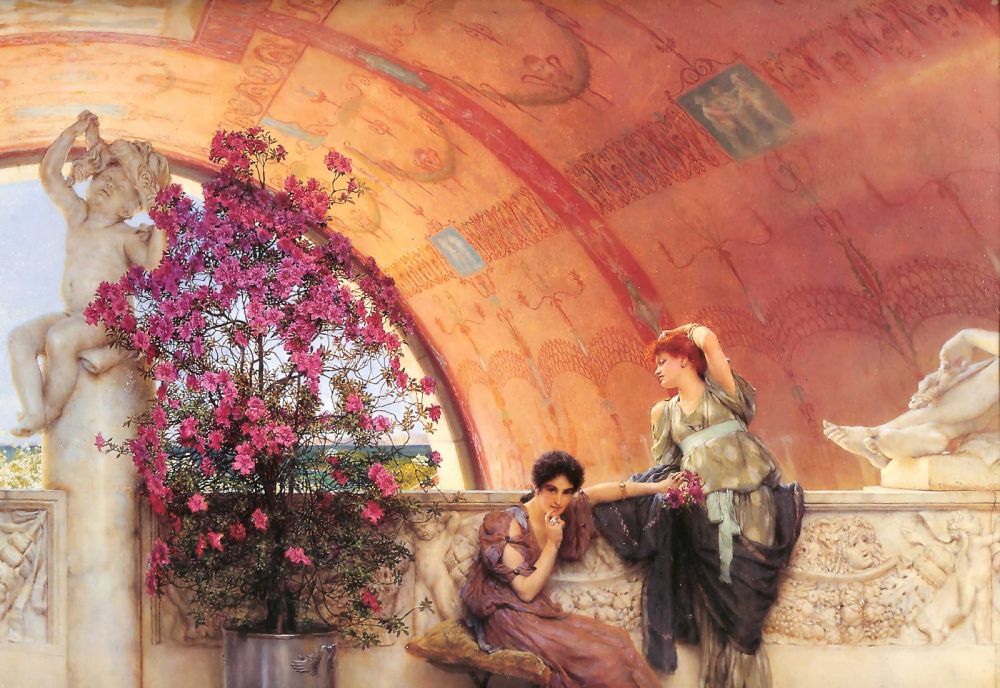 Rivais inconscientes, do pintor Alma-Tadema. Duas mulheres próximas uma da outra, uma sentada, a outra em pé olhando para algo embaixo. O cenário é baseado numa Roma antiga.