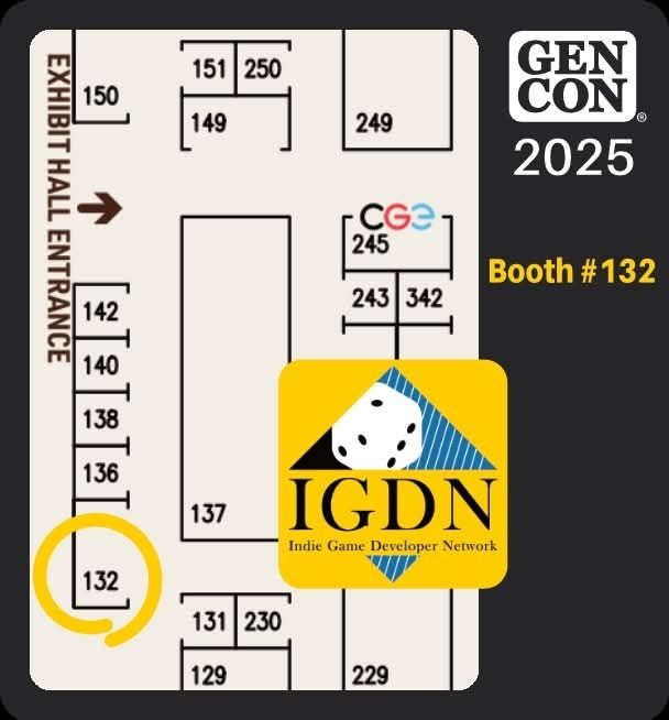 A map of the GenCon exhibit hall with booth 132 circled. 