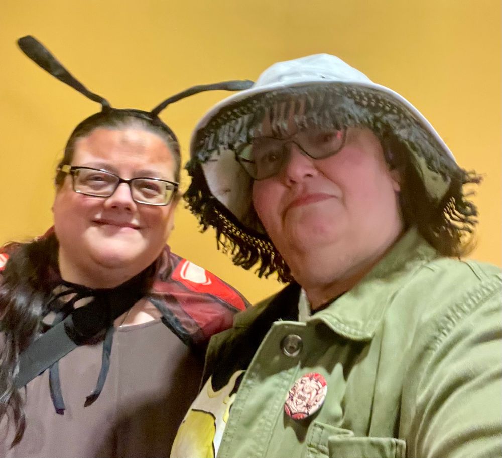 Me in my lampshade hat with my wife, the moth.