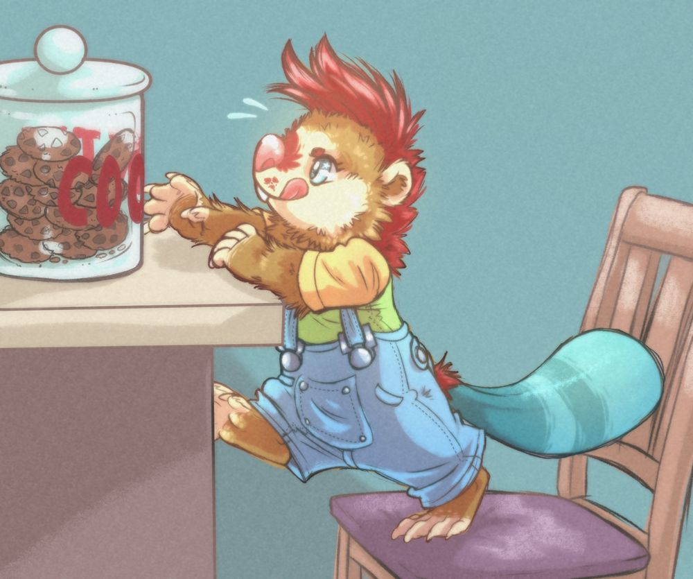 A digital drawing of a beaver child standing on a kitchen chair, attempting to reach a jar of cookies on the kitchen counter. They are wearing overalls and a color block shirt.