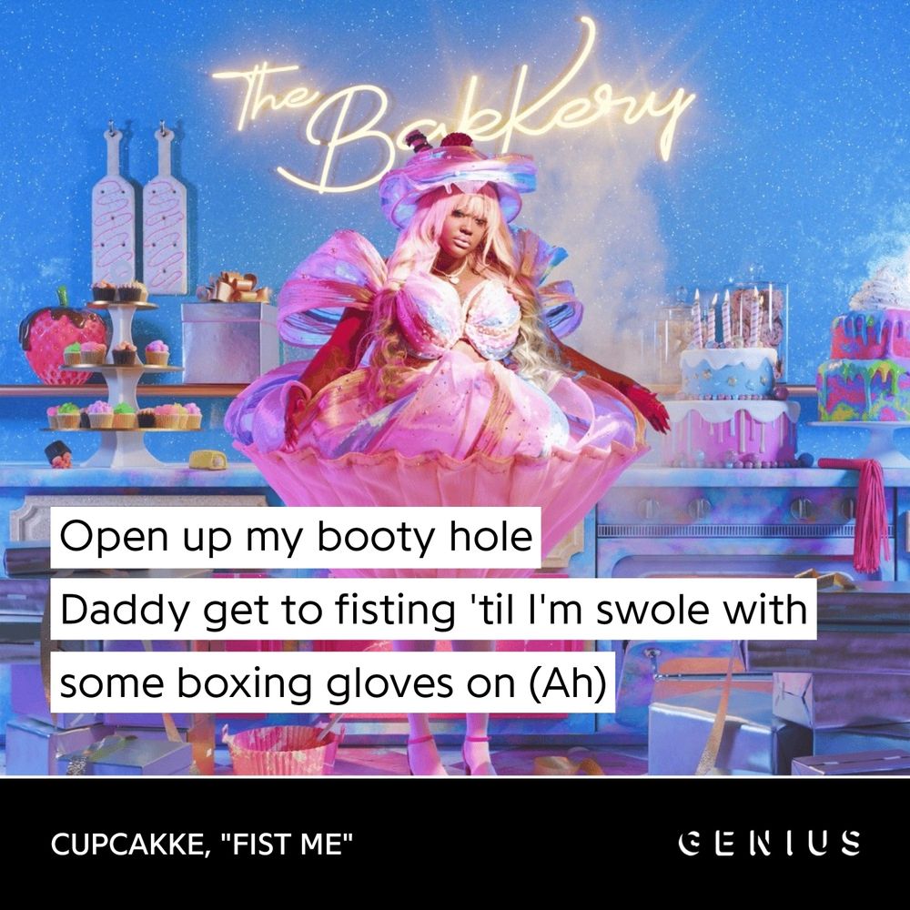 Card do genius da música fist me da cupcakke com o verso "Open up my booty hole / Daddy get to fisting 'til I'm swole with some boxing gloves on"