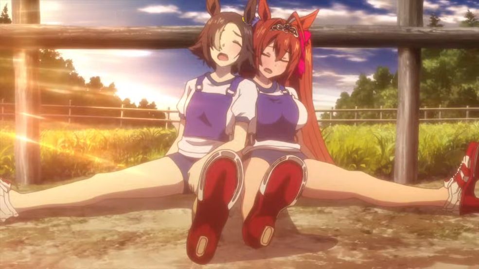 Exhausted Vodka and Scarlet sitting together in the 2016 Uma Musume PV. Vodka is leaning slightly on Scarlet.