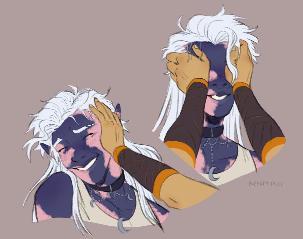 A few portrait pictures of Seren, smiling and laughing. He is being pushed away by the character I ship him with, and his eyes are being covered by that character’s hands. 