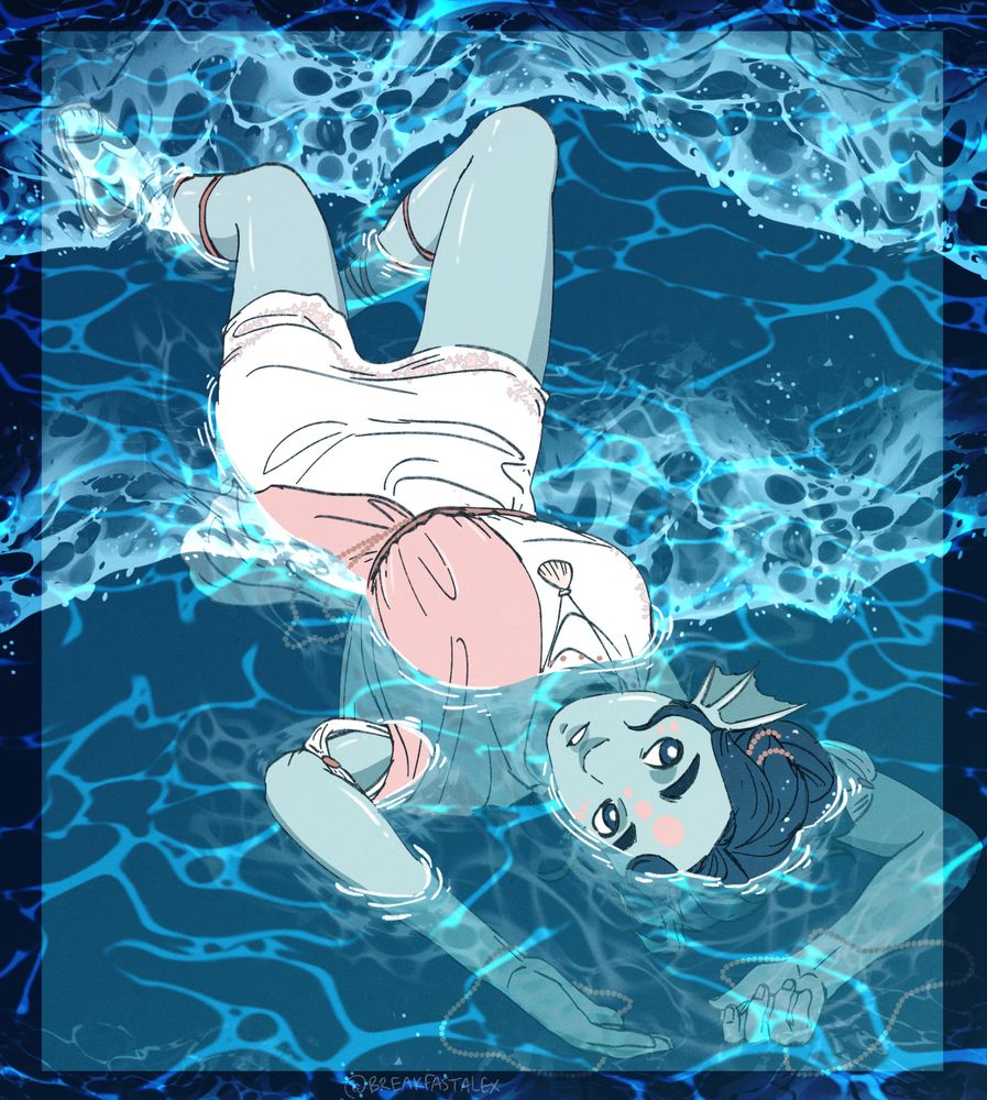 A light blue triton girl wearing a white and pink dress is floating on her back in the water. Waves are rushing over her and she is partially under water. 