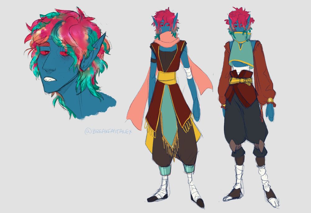 A portrait and 2 full body outfit designs for Rhodo, a water genasi with blue skin and bright red hair that is aqua at the tips. This version is from 2022.