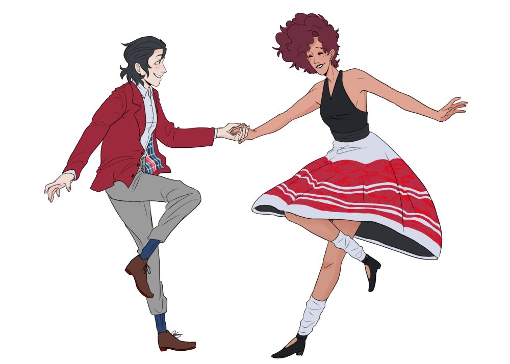 Two woman in fancy black, white, and red clothing dance together. The masc woman on the left is wearing a suit, her hair is dark and slicked back. The fem woman on the right is wearing a dress and has curly dark red hair. 