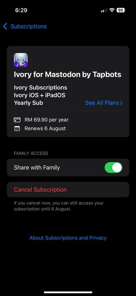 Screenshot of a subscription management interface for the "Ivory for Mastodon" app by Tapbots. Displays subscription details including yearly cost (RM 69.90), renewal date (6 August), and options for family sharing and cancellation.
