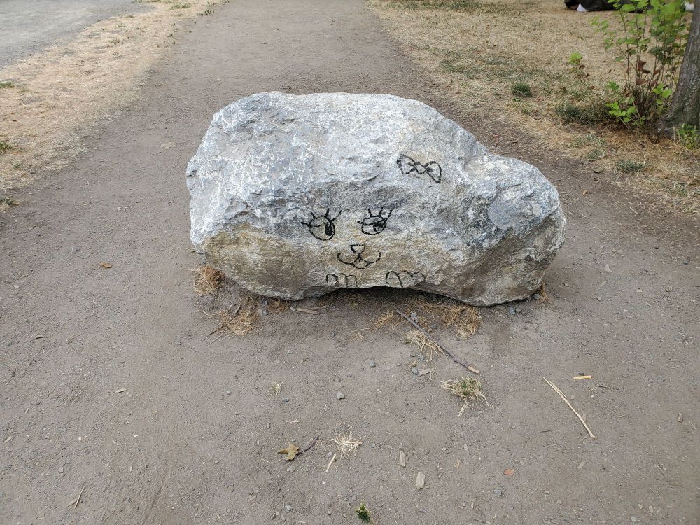 a boulder with a bow and a cute animal face with eyelashes and some lil hands drawn on it