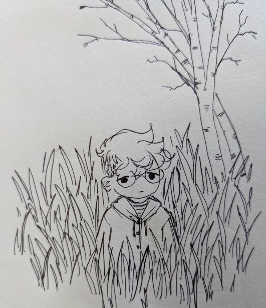 drawing oooof a person in a grassy field by a thin, leafless tree
