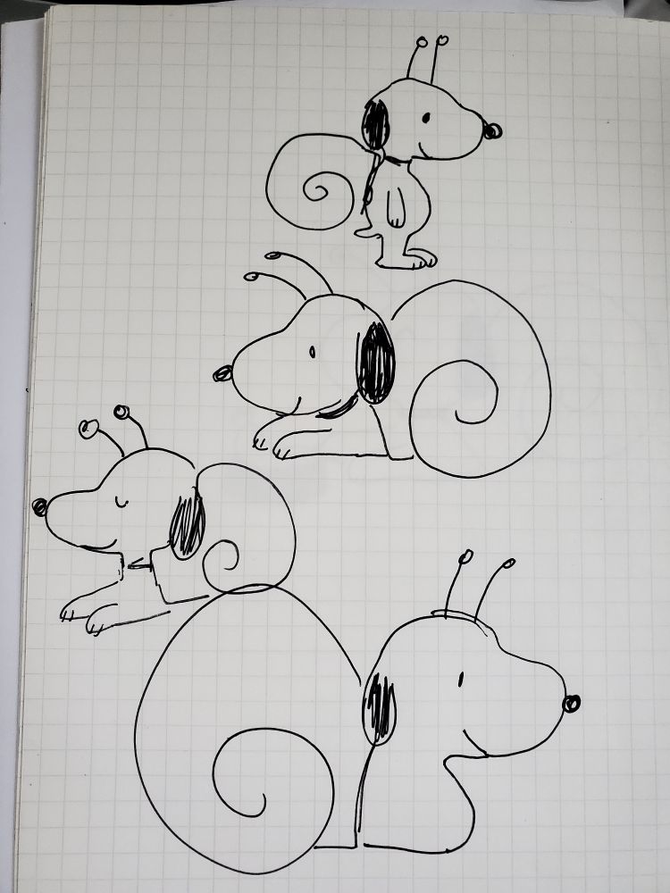 a page of doodles of snoopy but if he had a snail shell and antennae 