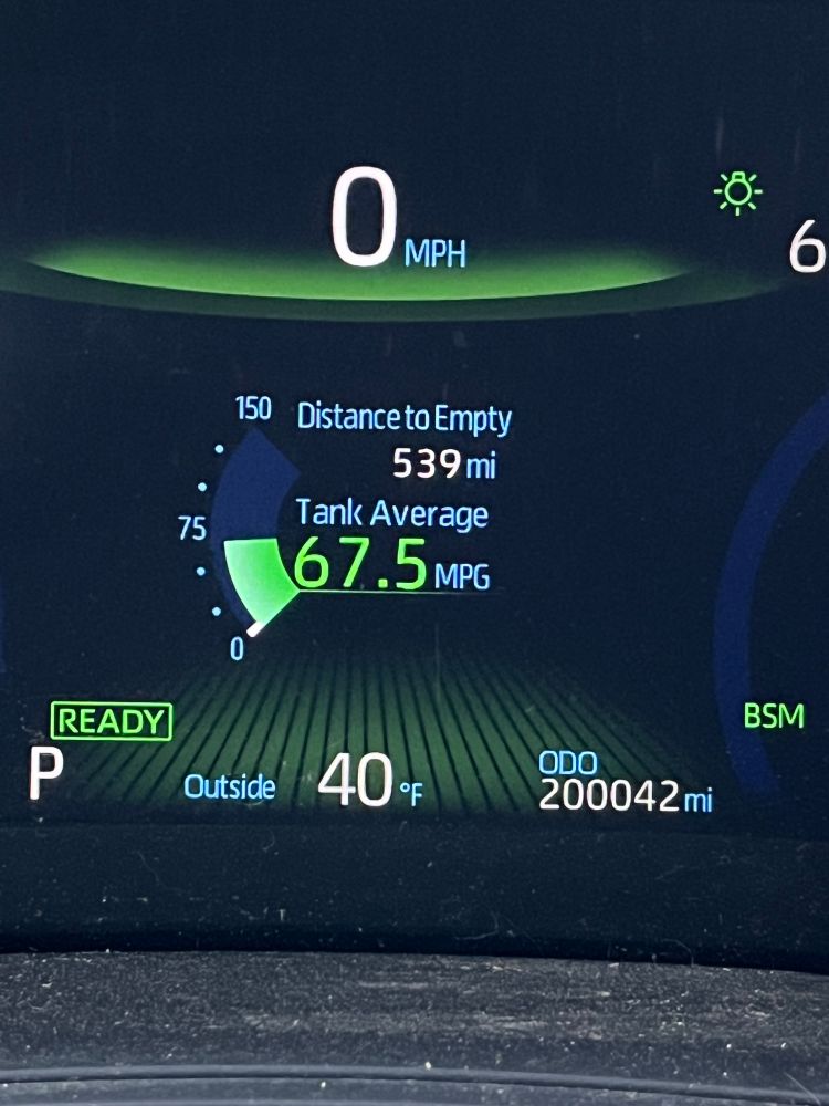 Dashboard display in a car highlighting 200k miles driven. 
