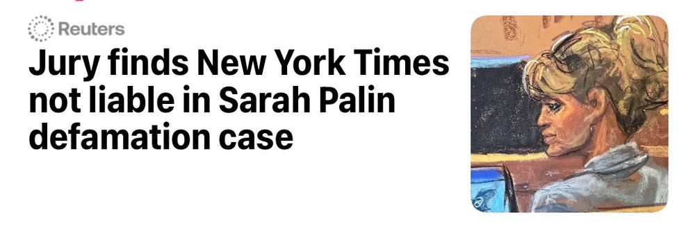 Artists courtroom sketch of Sarah Palin. The headline reads: : Reuters
Jury finds New York Times not liable in Sarah Palin defamation case