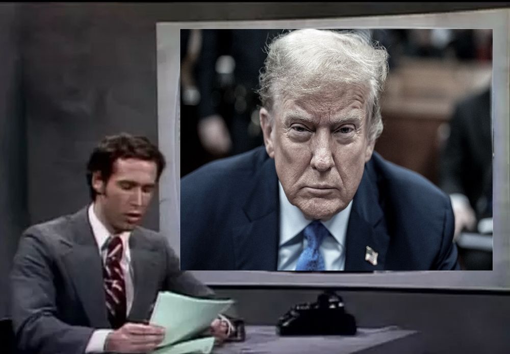 Chevy Chase Weekend Update still. Trump is in the monitor. 