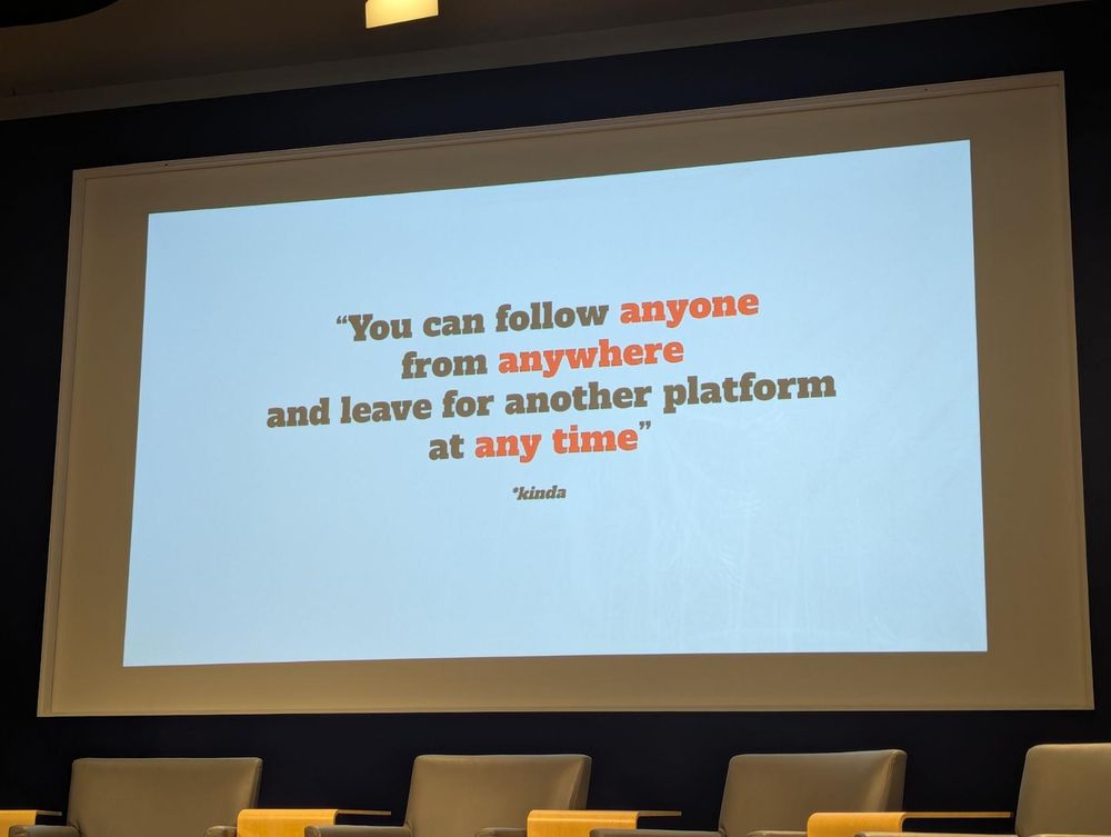 A slide saying “You can follow anyone from anywhere and leave for another platform at any time. *kinda”