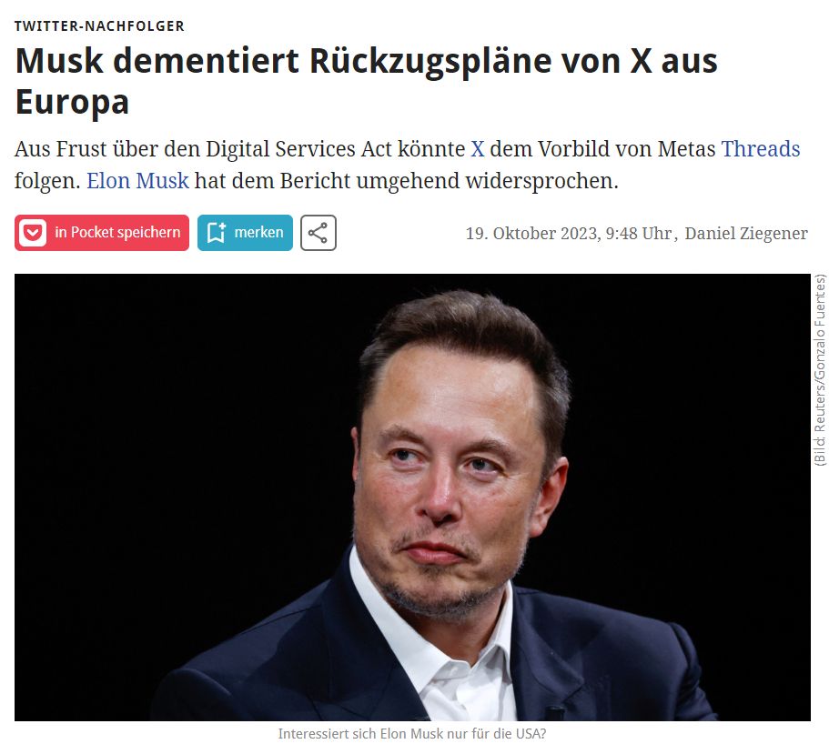 Screenshot eines Artikels, in dem Elon Musk einen Rückzug von X aus Europa dementiert.