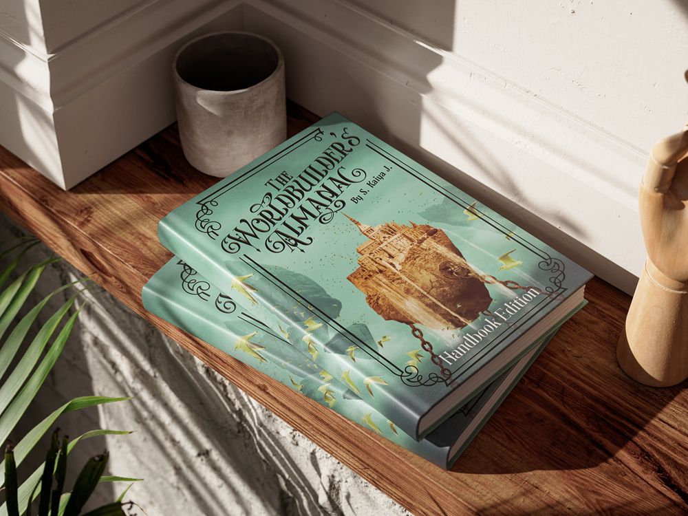 A digital mockup of a pair of hardcover copies of The Worldbuilder's Almanac, a worldbuilding supplement by S. Kaiya J., resting on a wooden shelf.
