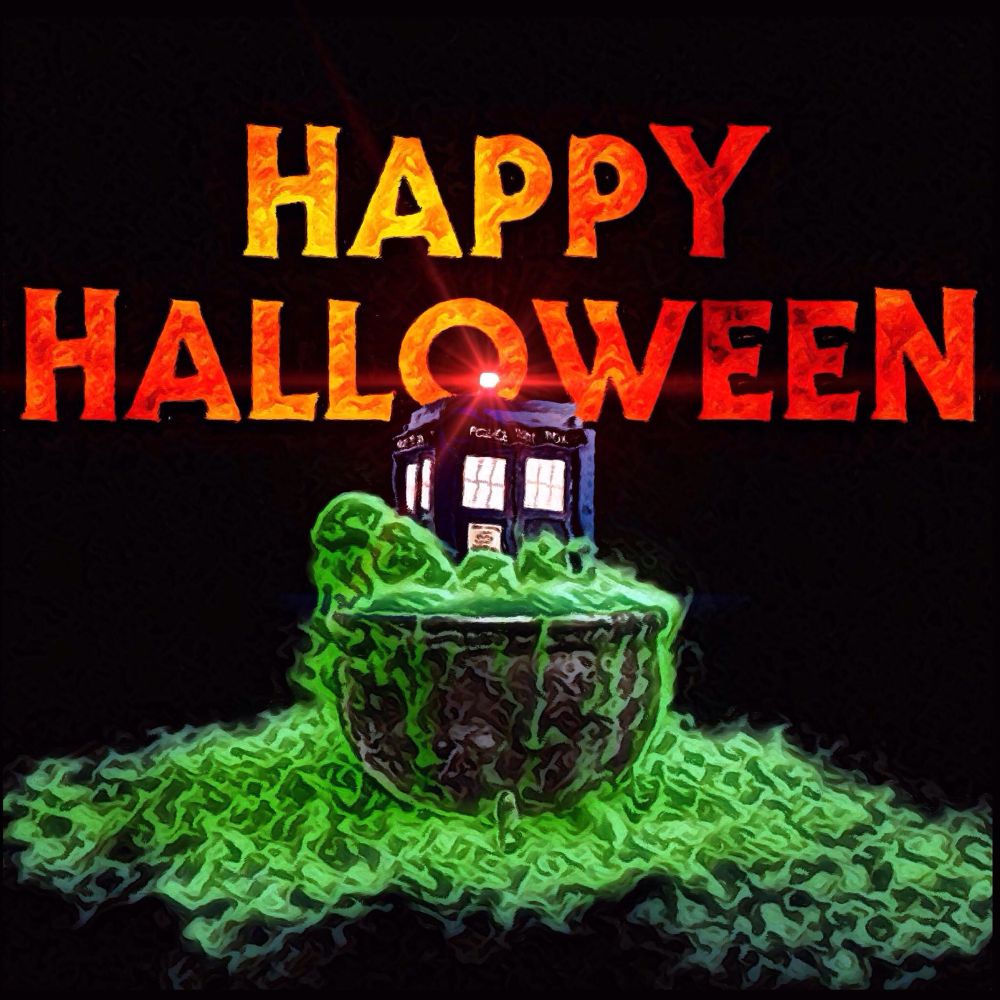 TARDIS soaks in cauldron, green liquid, mist, overhead: HAPPY HALLOWEEN in orange
