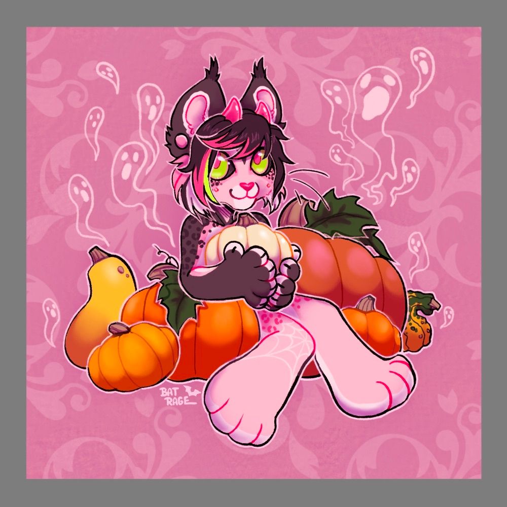 A cat-like creature sits between a pile of pumpkins. There are little ghosts in the background.