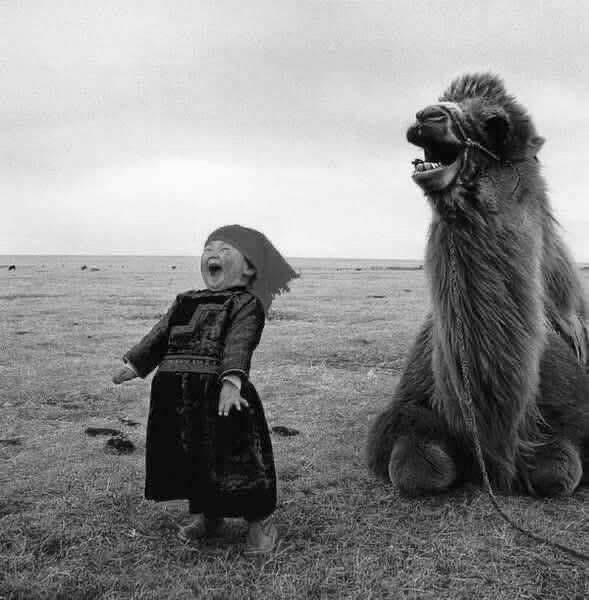 The black and white image captures a moment of joy between a child and a camel in an open field. The child, wearing a dark, long-sleeved dress and a headscarf, stands on the left side, with their mouth open as if laughing. To the right, a large camel sits on the ground with its mouth open, seemingly in a laughing expression as well. The plains around them stretch out under a cloudy sky, with the horizon visible in the distance.