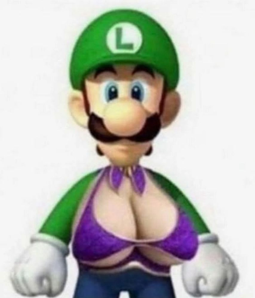 Luigi from super mario with massive honkers in a purple bikini top