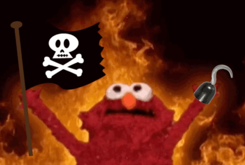 elmo is holding a pirate flag with a skull and crossbones design