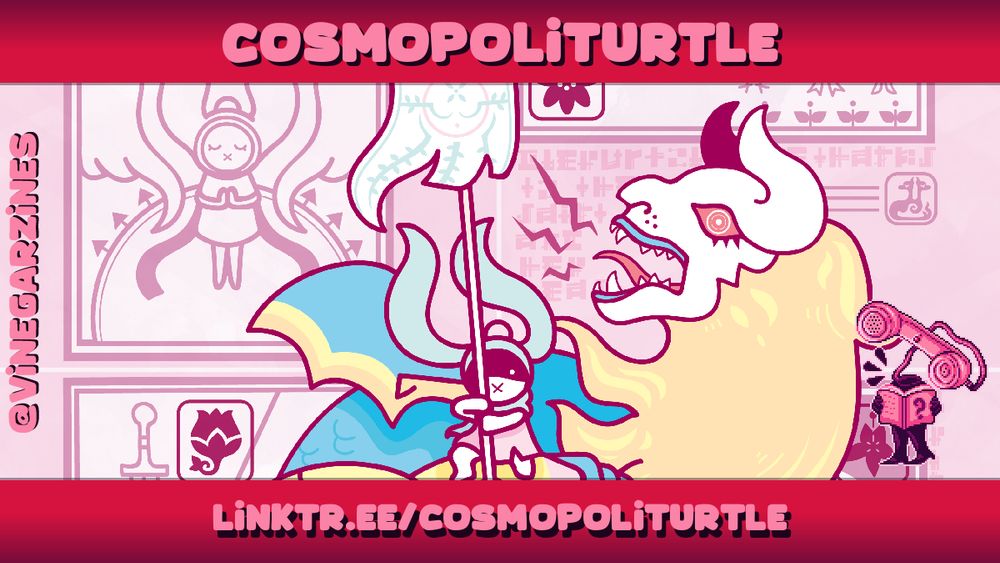 Artist spotlight for 'Cosmopoliturtle', showing a piece of their artwork: fantasy creatures in a clean, graphic art style.