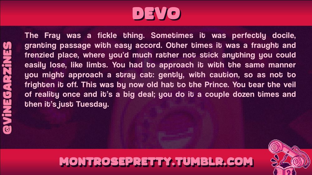 Writer spotlight for 'Devo', with a snippet of writing: speculative fiction about something called 'The Fray' which warps reality.