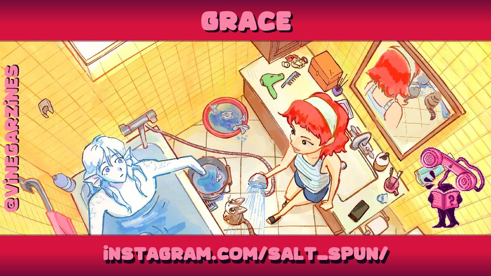Artist spotlight for 'Grace', showing a piece of their artwork: A person and a mermaid in a bathroom from a top down perspective.
